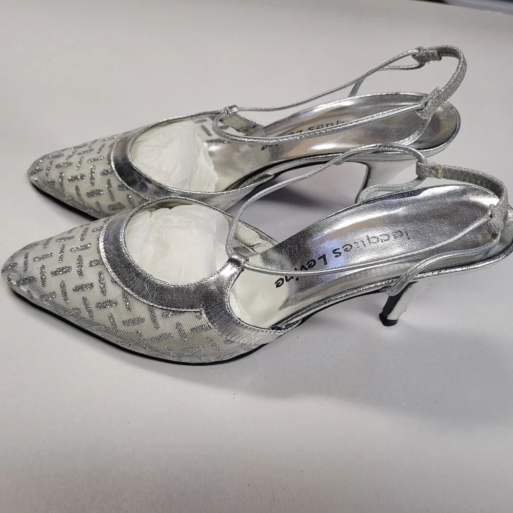 VINTAGE 90's Jacques Levine Silver Sheer Rhythm Kitten Heel Slingback Size 6 1/2
